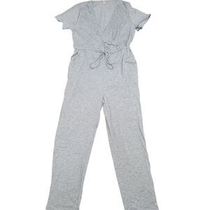 Relipop Short Sleeve Wrap Jumpsuit Elastic Waist with Pockets Solid Gray